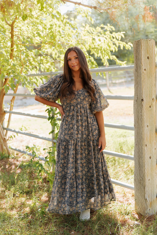 THE ASTORIA FLORAL PRINT DRESS IN SLATE BLUE