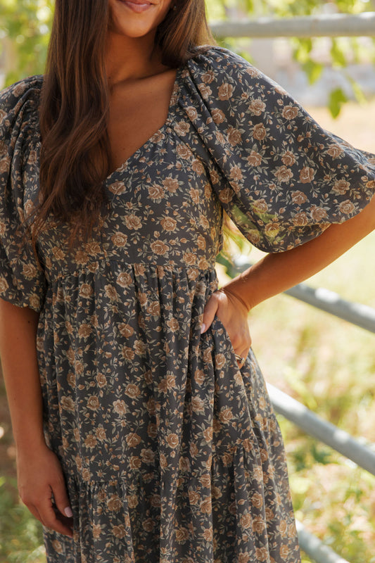 THE ASTORIA FLORAL PRINT DRESS IN SLATE BLUE