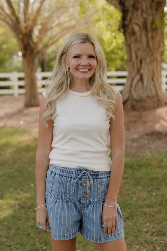 THE GRACE STRIPE FLARED DENIM SHORTS