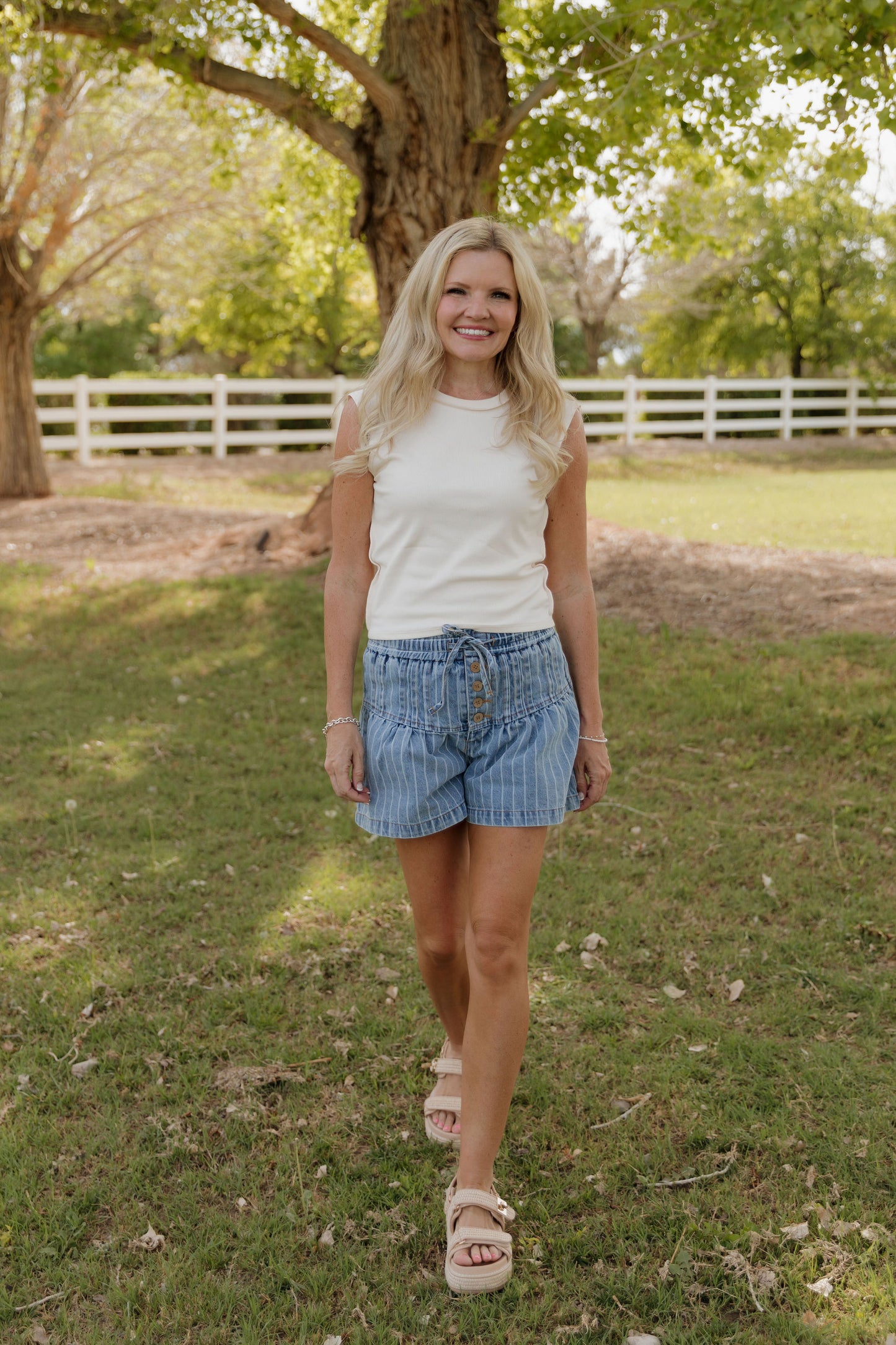 THE GRACE STRIPE FLARED DENIM SHORTS