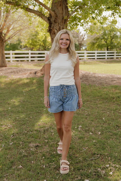 THE GRACE STRIPE FLARED DENIM SHORTS