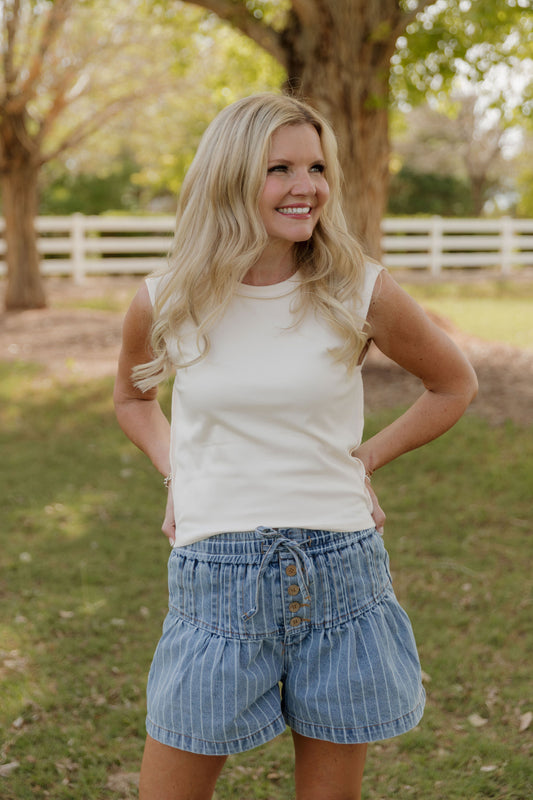 THE GRACE STRIPE FLARED DENIM SHORTS