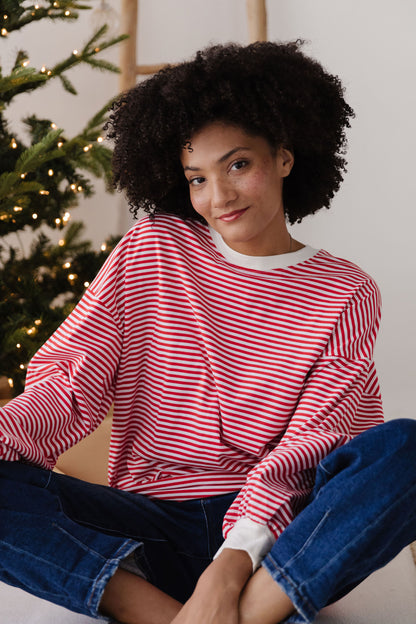 THE NOVA STRIPED CREW NECK TOP IN RED
