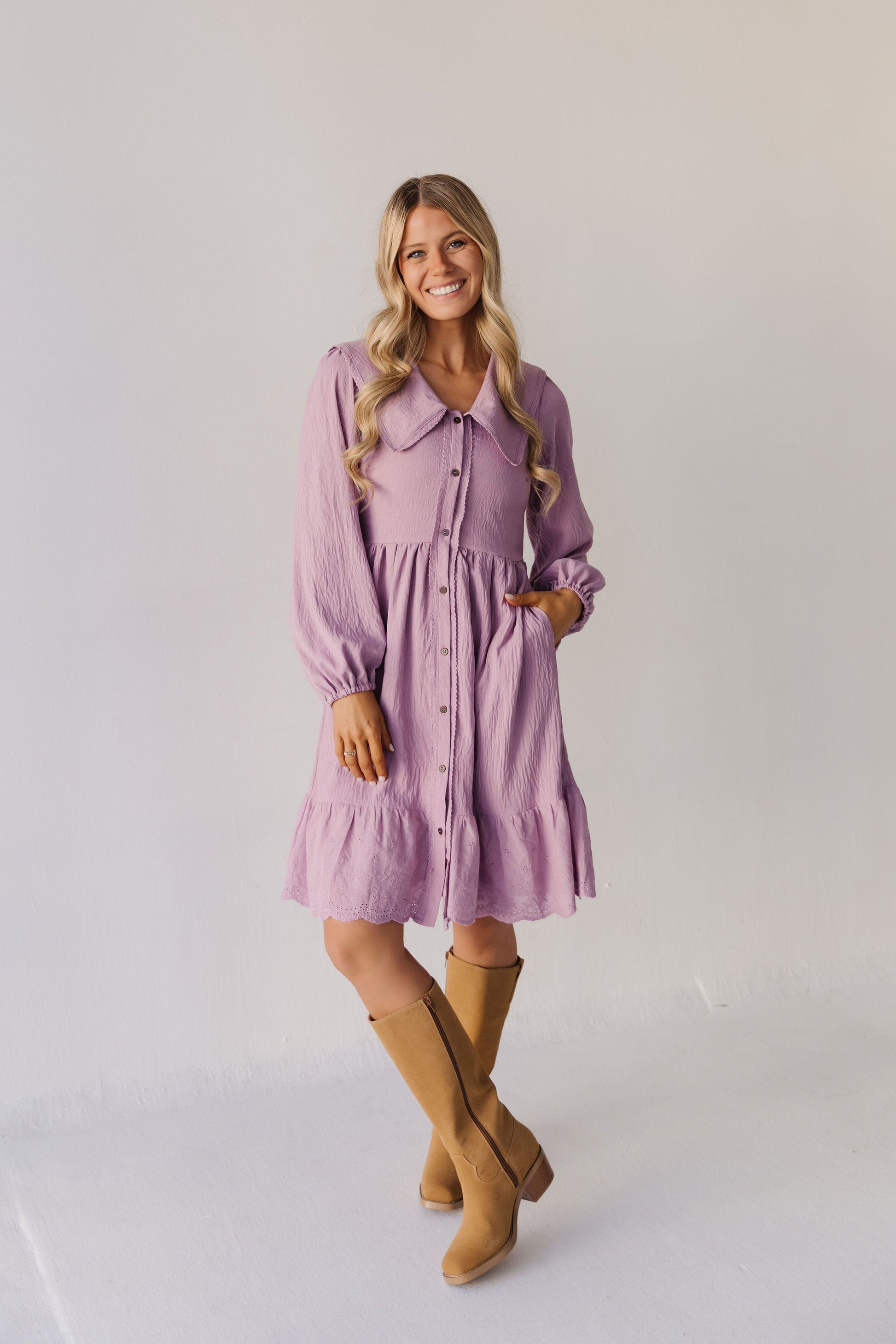 THE NATASHA EYELET TRIM COLLAR DRESS IN MAUVE Large THE NATASHA EYELET TRIM COLLAR DRESS IN MAUVE Large