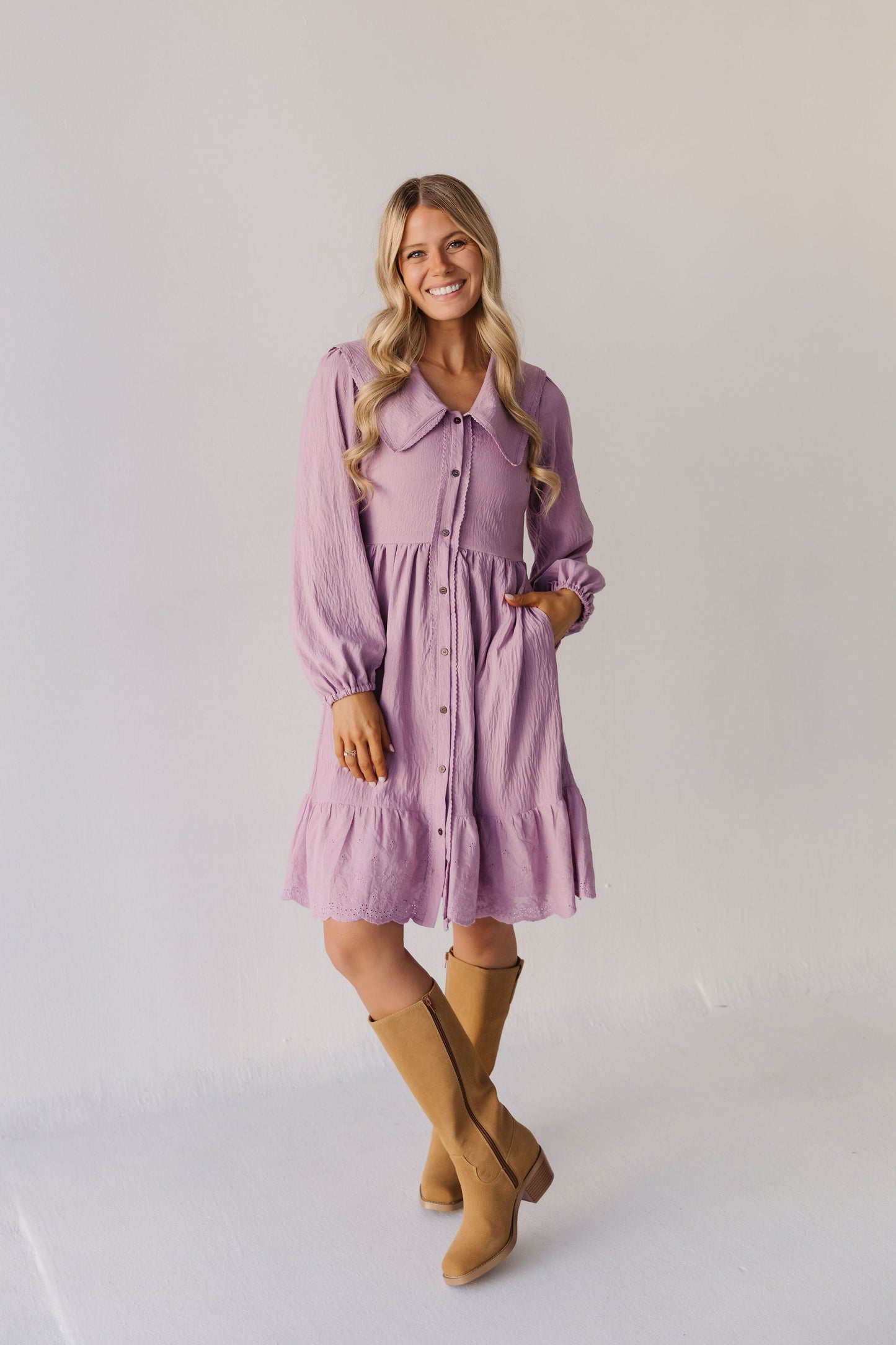 THE NATASHA EYELET TRIM COLLAR DRESS IN MAUVE