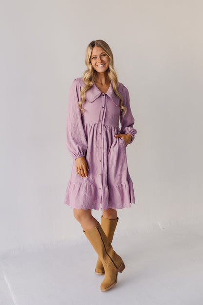 THE NATASHA EYELET TRIM COLLAR DRESS IN MAUVE