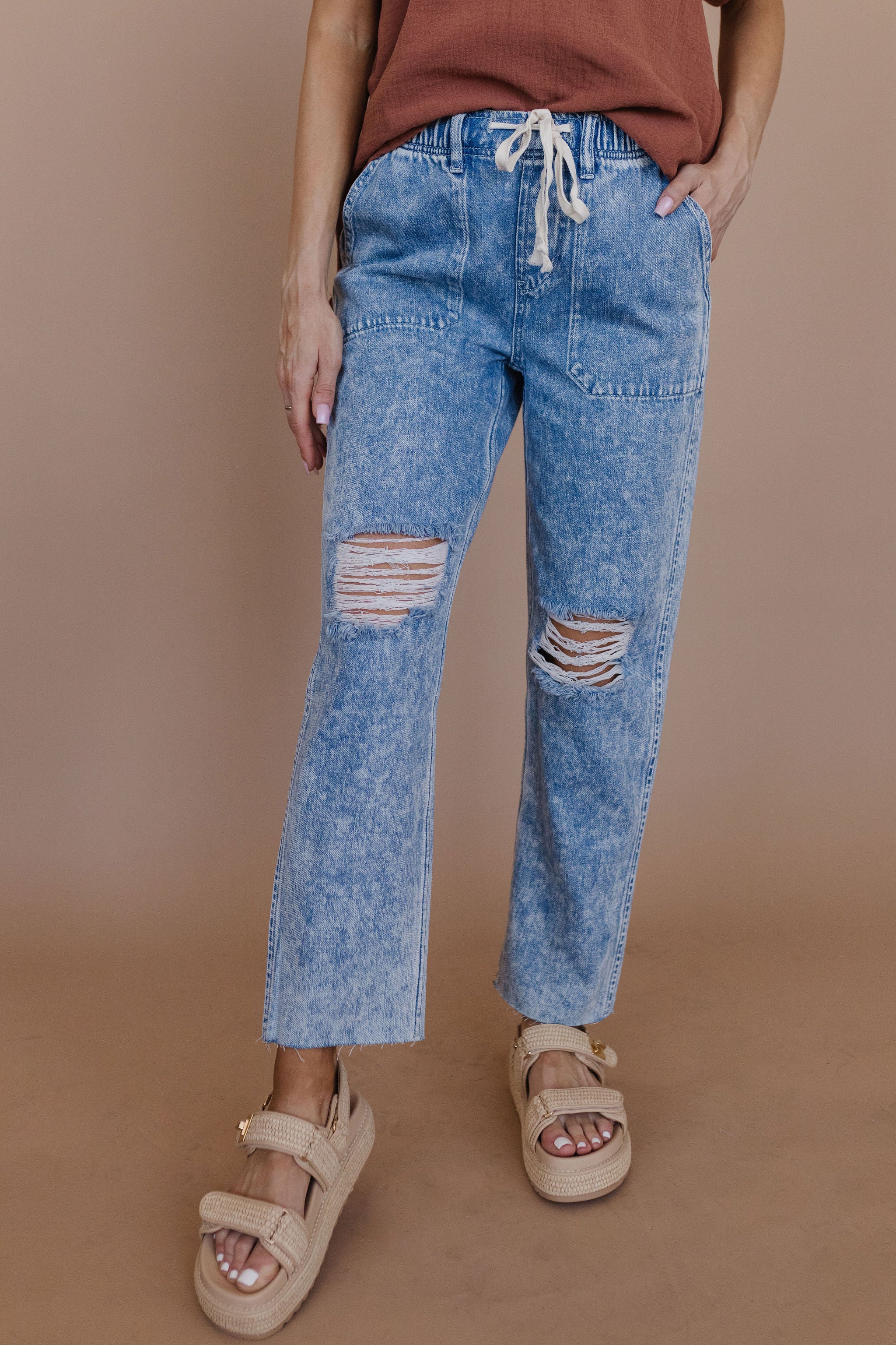 Distressed denim joggers womens online