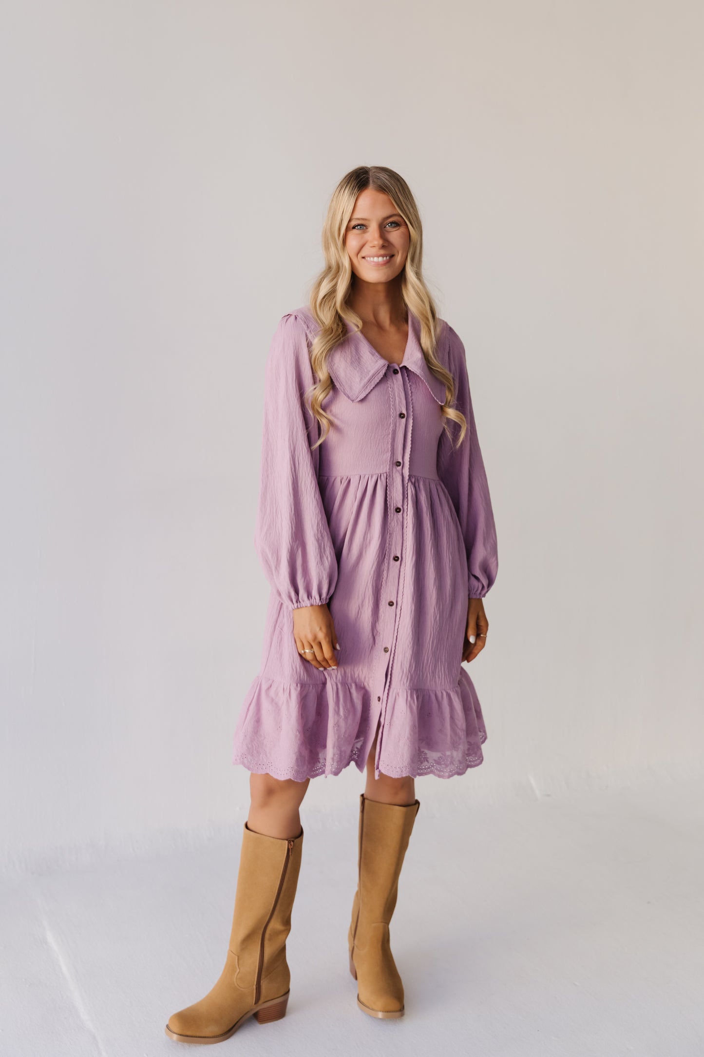 THE NATASHA EYELET TRIM COLLAR DRESS IN MAUVE
