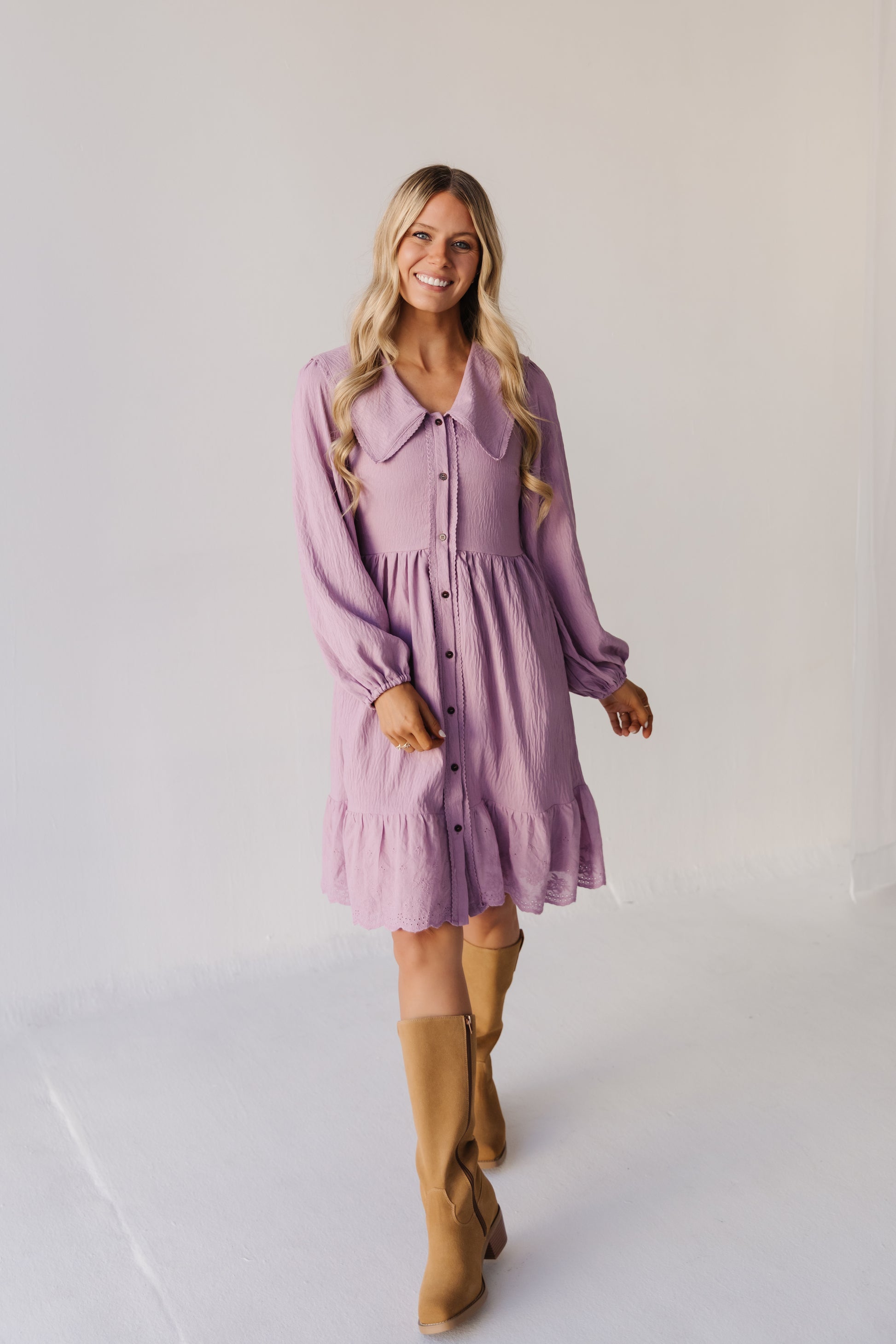 mauve pink dress THE NATASHA EYELET TRIM COLLAR DRESS IN MAUVE Large