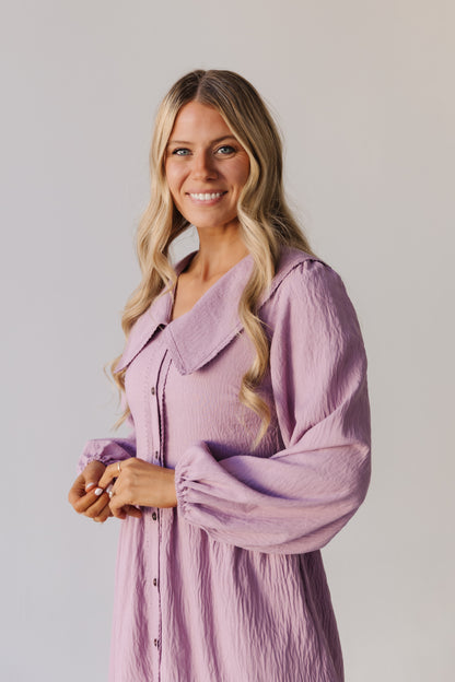 THE NATASHA EYELET TRIM COLLAR DRESS IN MAUVE