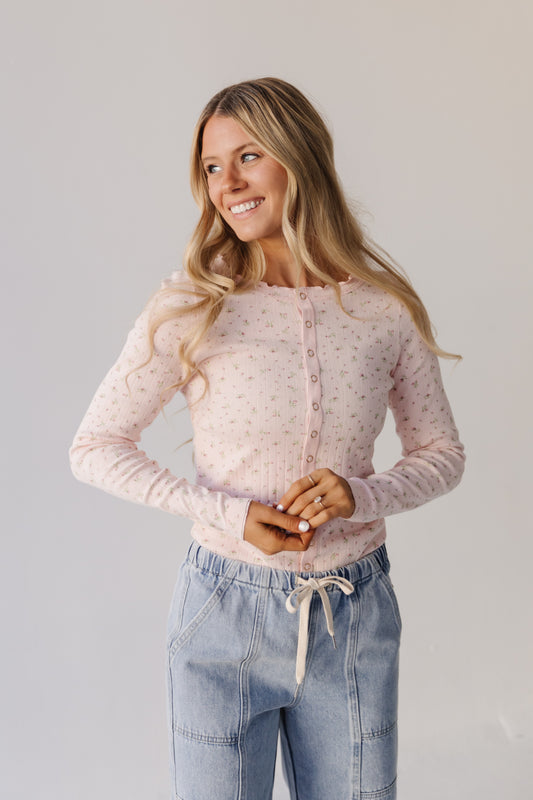 THE ELOISE RIBBED FLORAL TOP IN SOFT PINK