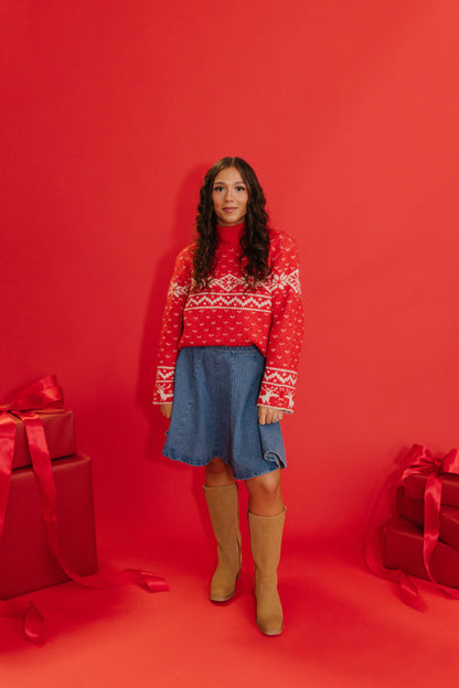 THE SHIRLEY POLKA DOT SKIRT IN WASHED DENIM