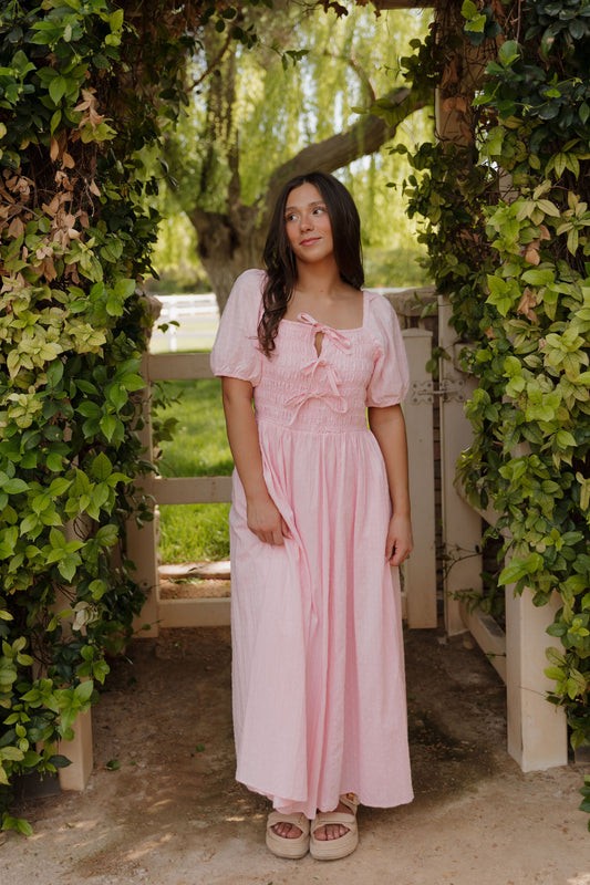 THE SUZANNAH BOW DETAIL DRESS IN PINK