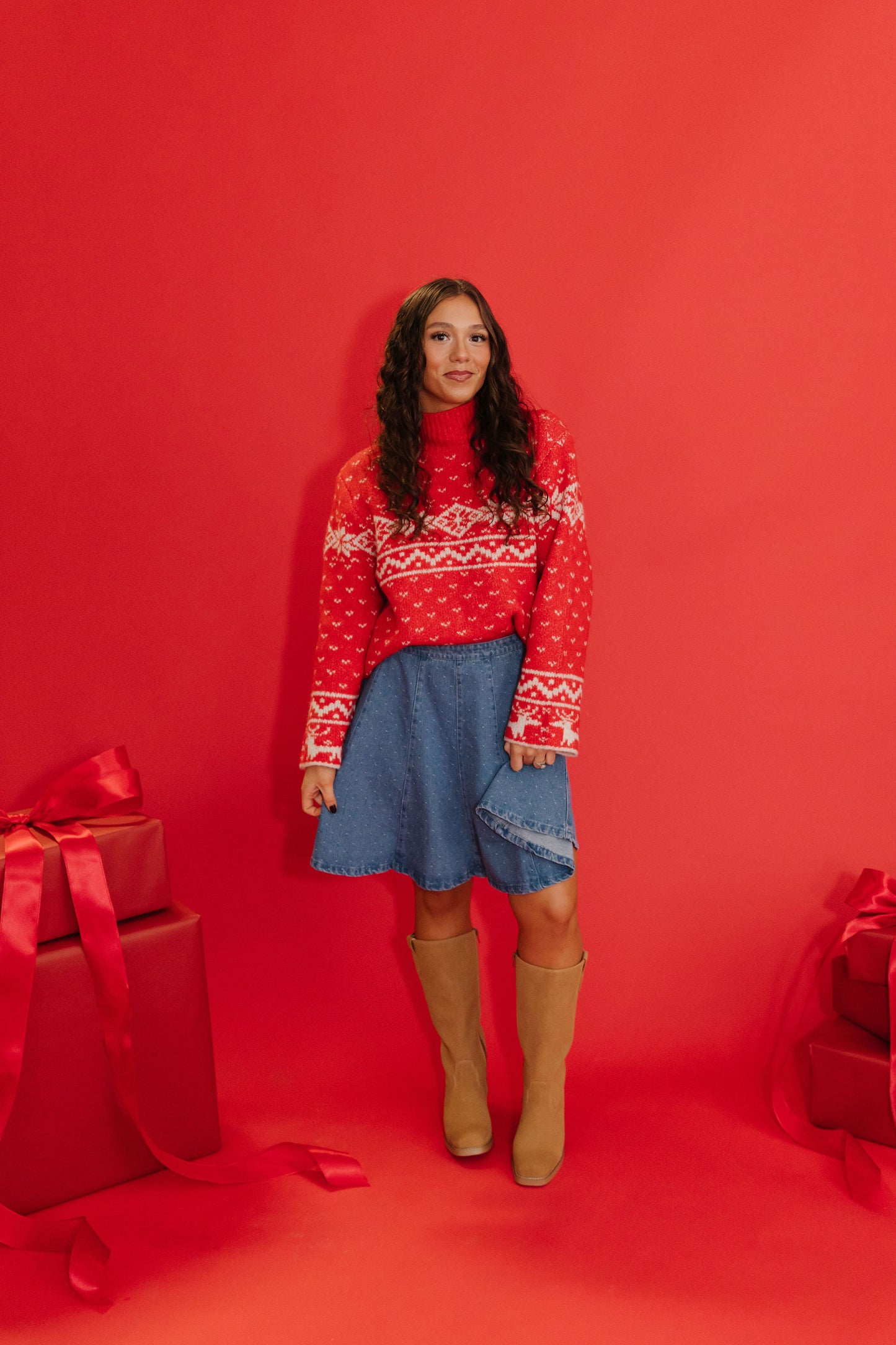 THE SHIRLEY POLKA DOT SKIRT IN WASHED DENIM