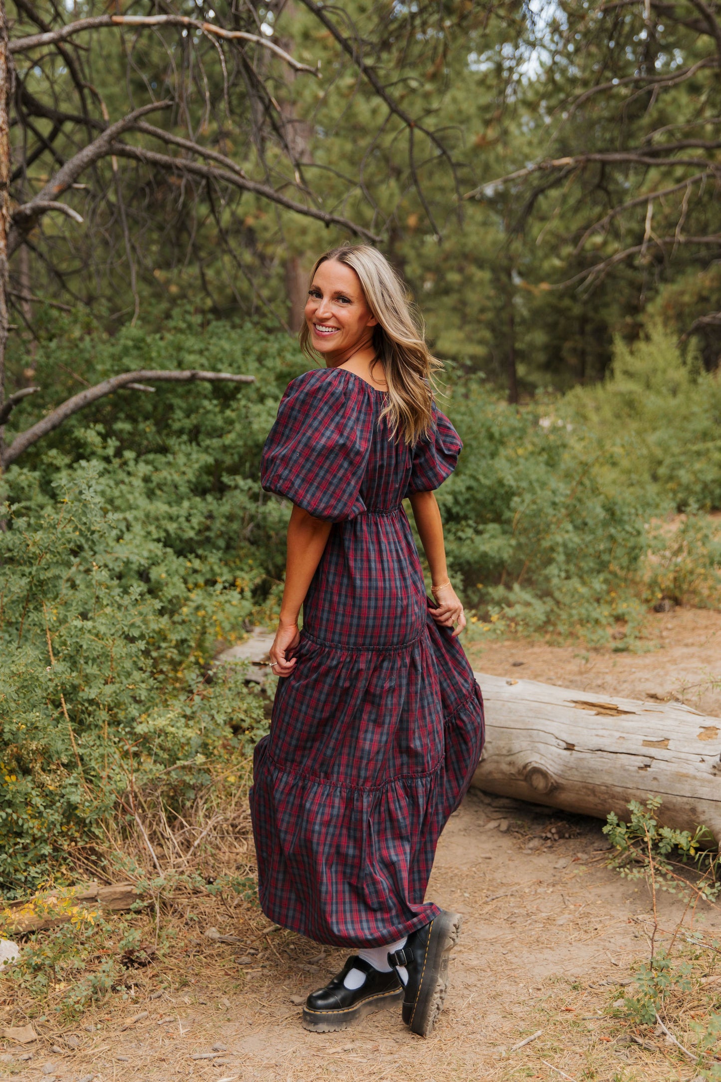 THE EVERMORE DRESS IN NAVY PLAID BY PINK DESERT