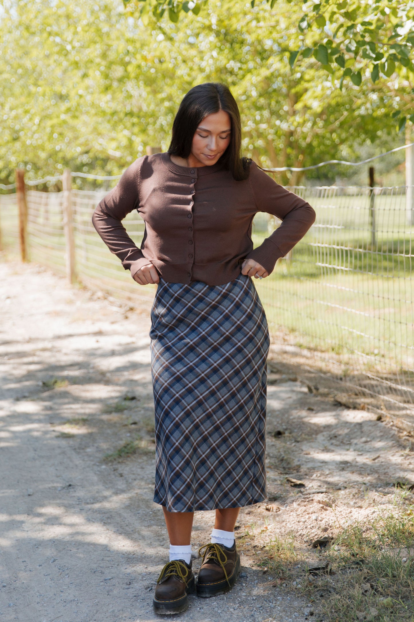 THE CHER PLAID MIDI SKIRT IN GREY PLAID