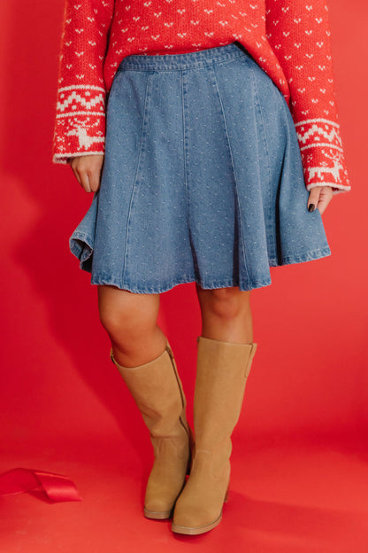 THE SHIRLEY POLKA DOT SKIRT IN WASHED DENIM