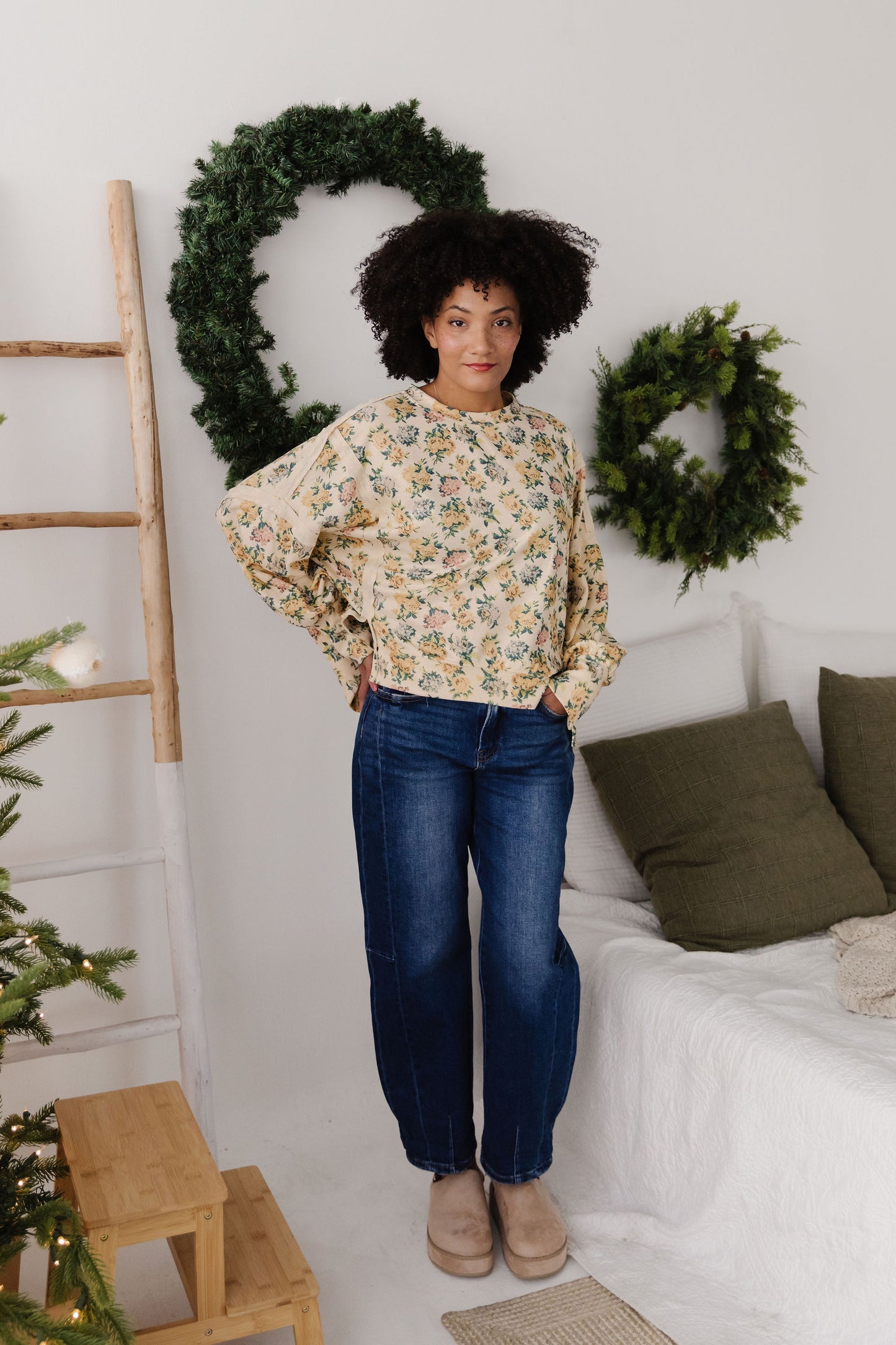 THE SHILANE WAFFLE FLORAL TOP IN CREAM