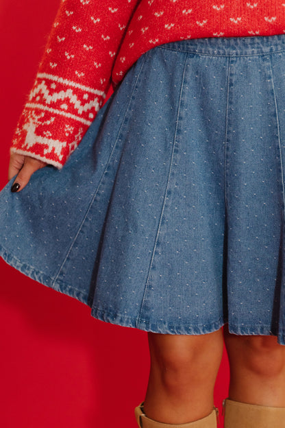 THE SHIRLEY POLKA DOT SKIRT IN WASHED DENIM
