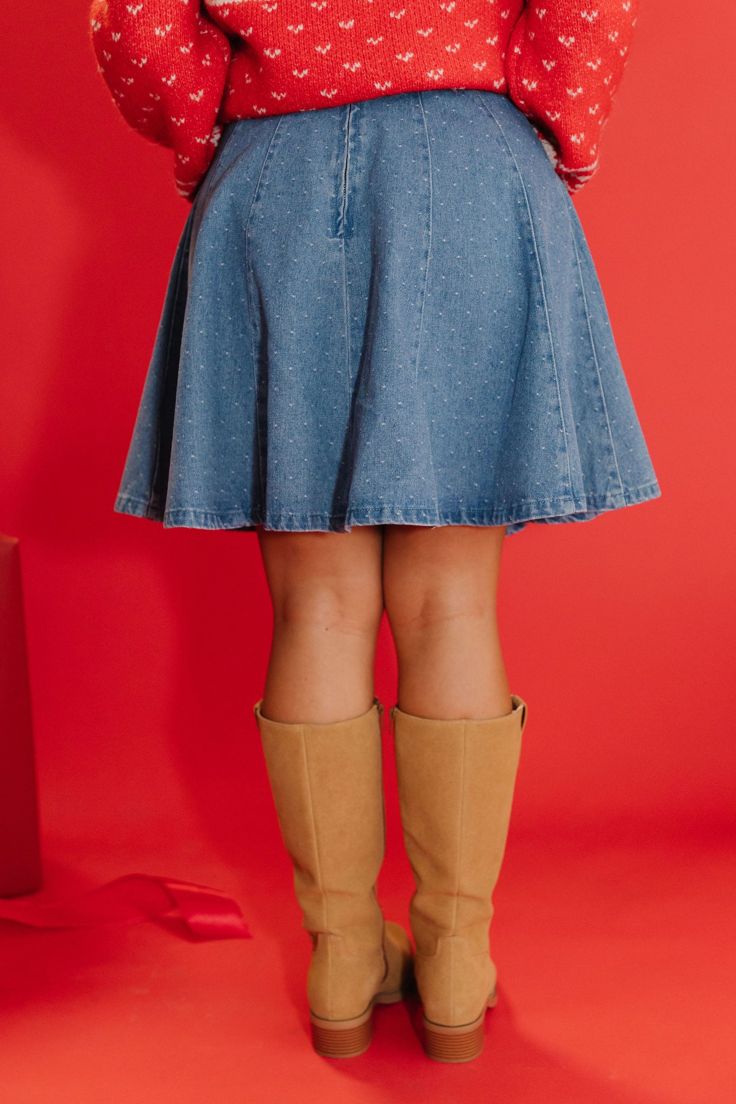 THE SHIRLEY POLKA DOT SKIRT IN WASHED DENIM