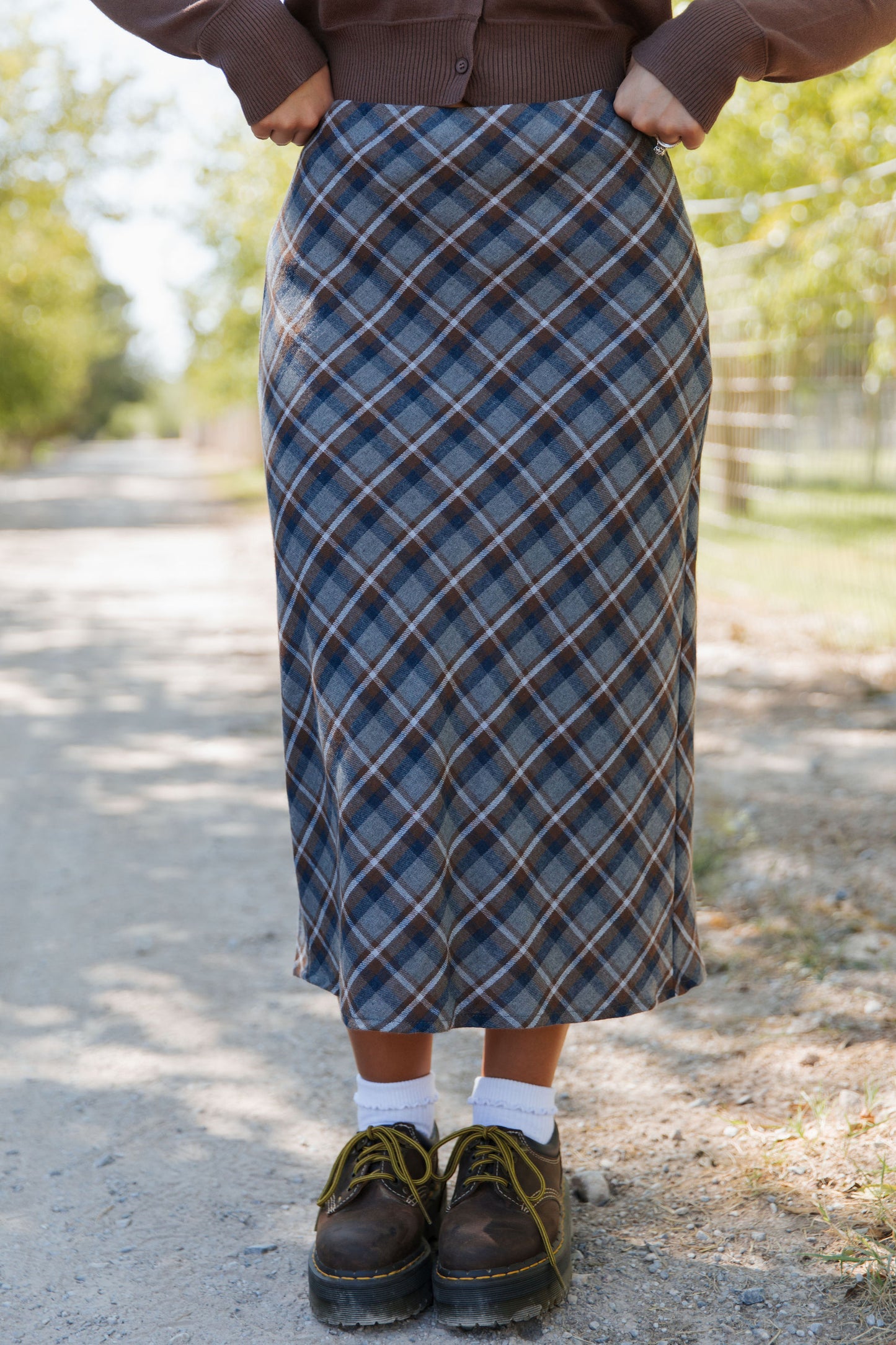THE CHER PLAID MIDI SKIRT IN GREY PLAID