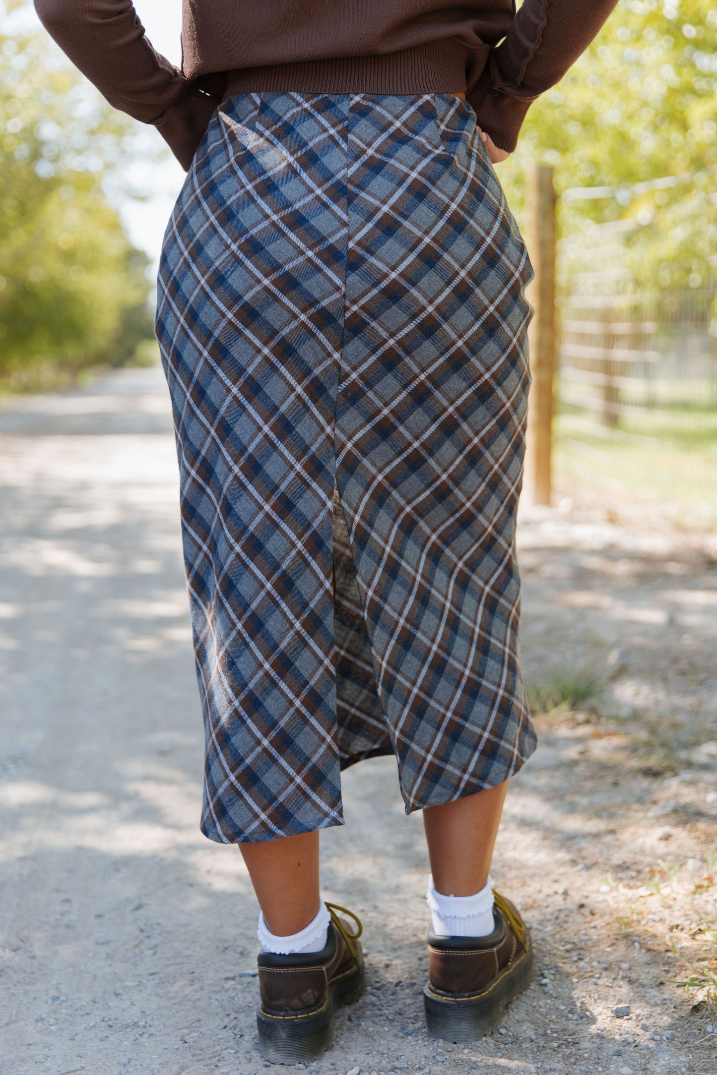 THE CHER PLAID MIDI SKIRT IN GREY PLAID