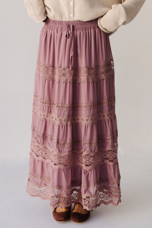 THE HELENA CHIFFON LACE TRIM SKIRT IN MAUVE