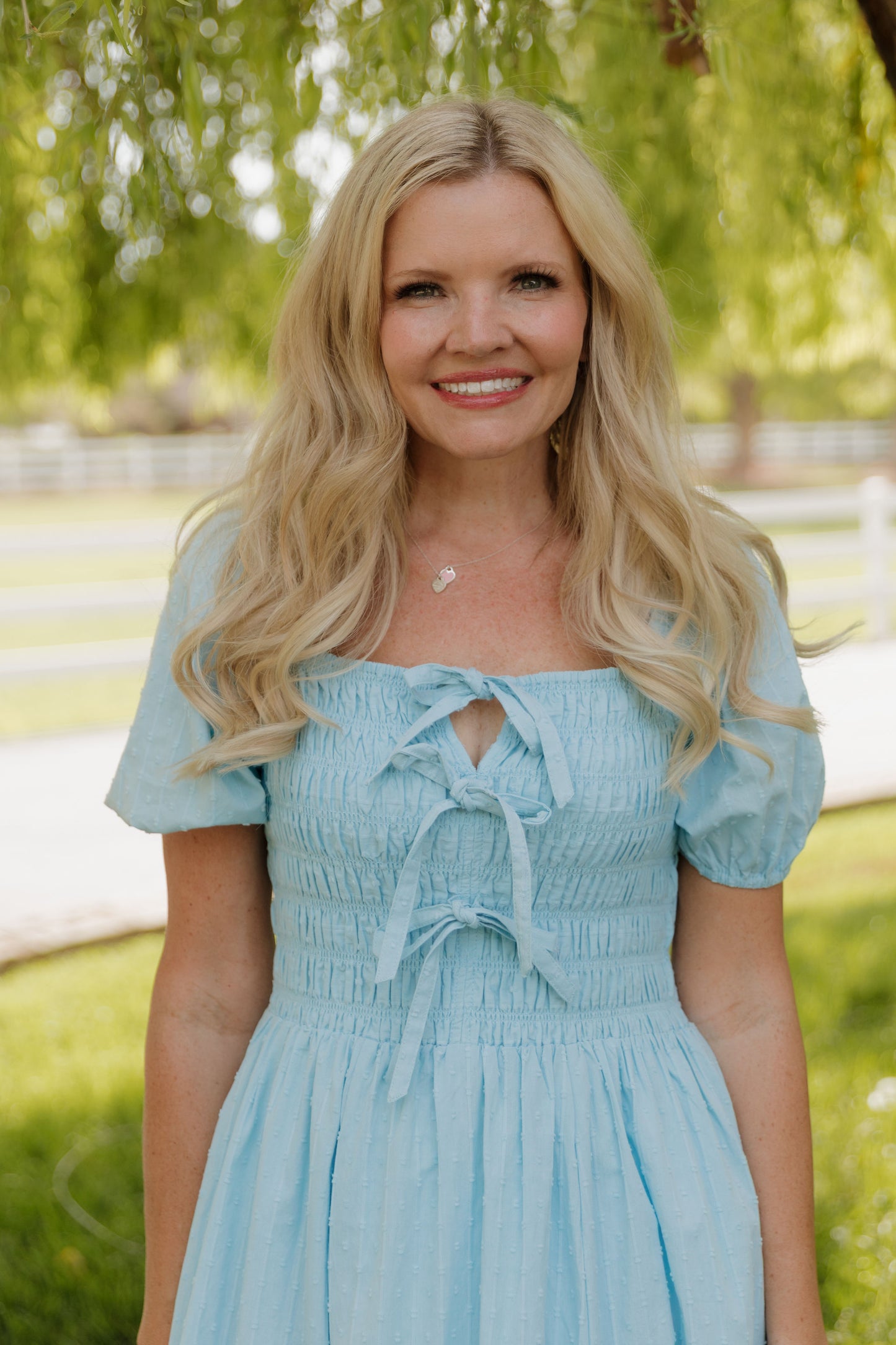 THE SUZANNAH BOW DETAIL DRESS IN BLUE
