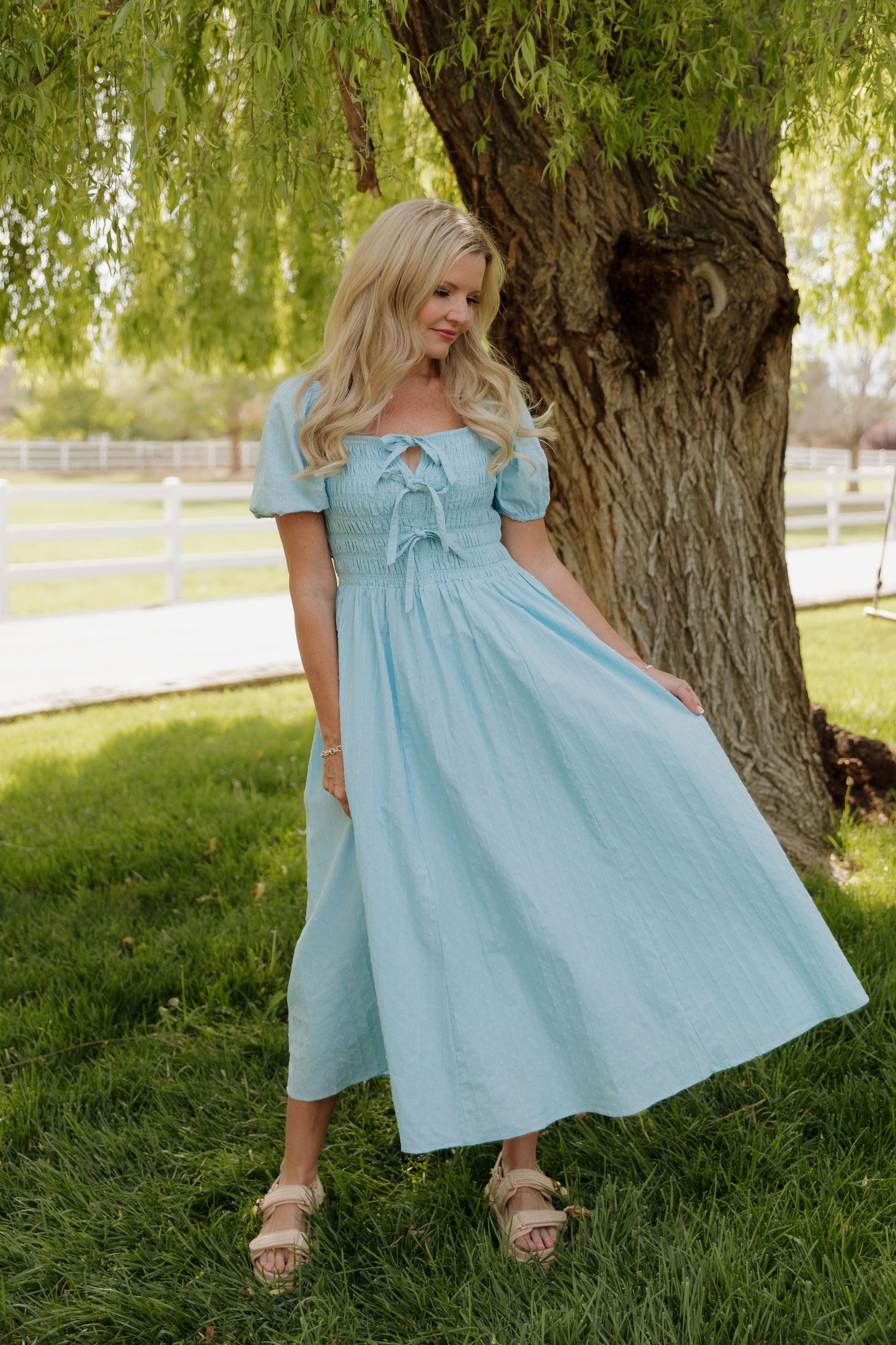 THE SUZANNAH BOW DETAIL DRESS IN BLUE