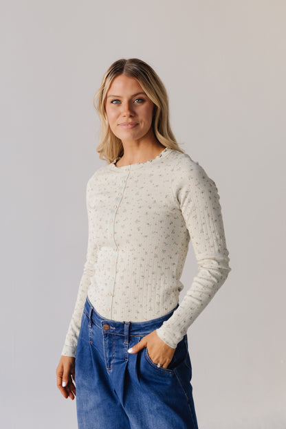 THE ELOISE RIBBED FLORAL TOP IN MOSS GREEN