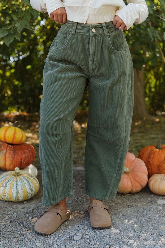 THE ARCHER CORDUROY BARREL PANTS IN OLIVE
