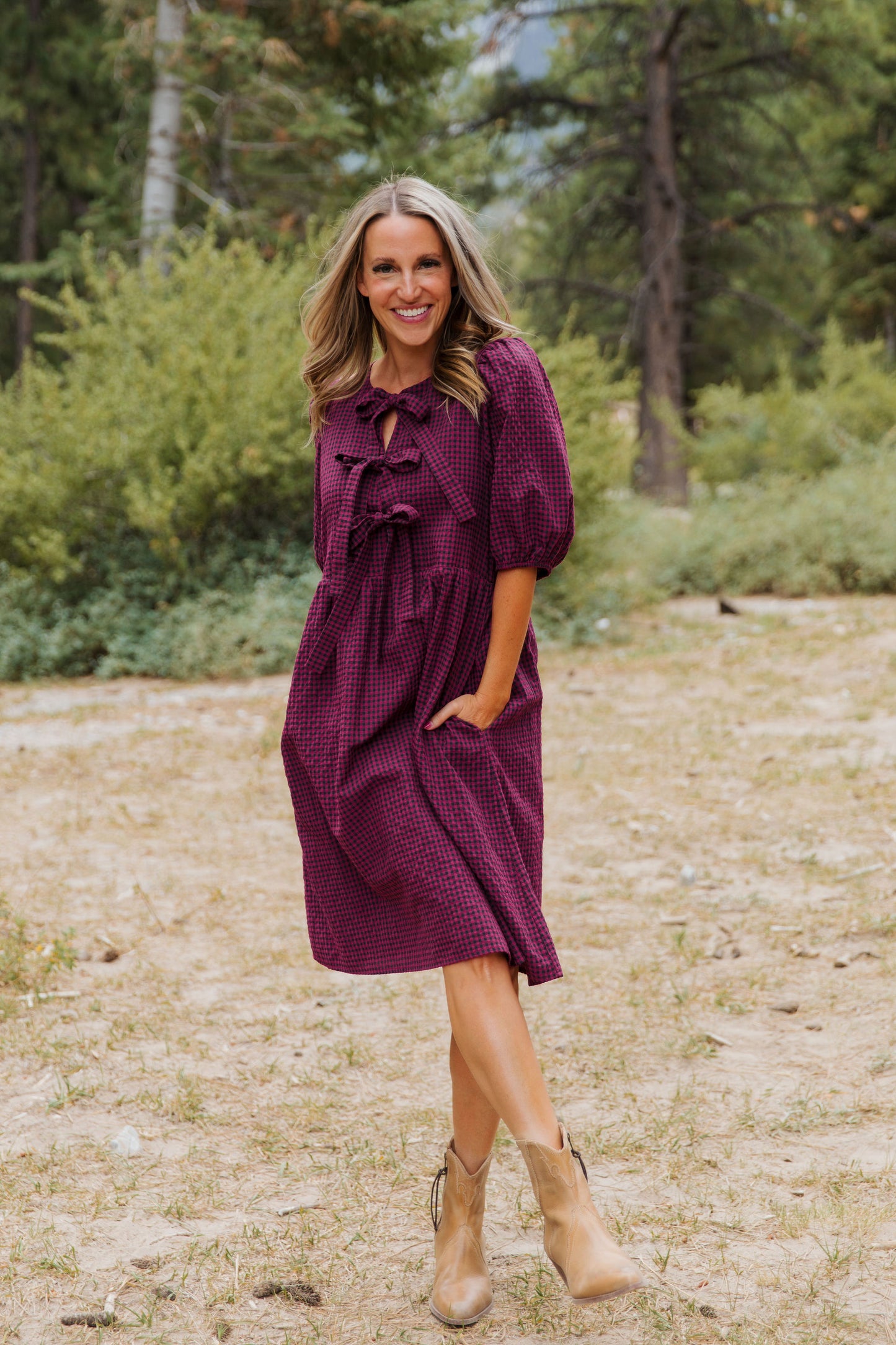 THE HARLOW BOW DRESS IN BURGUNDY CHECKERED BY PINK DESERT
