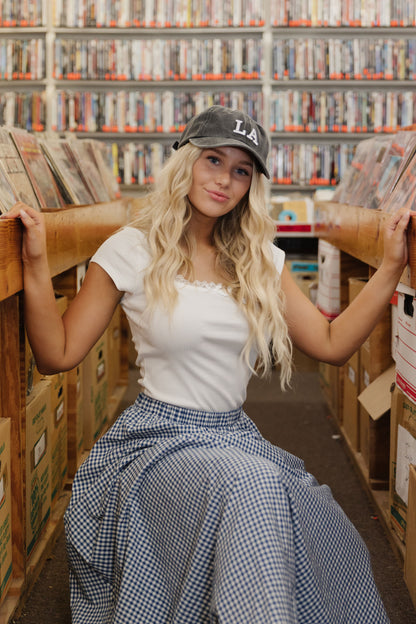 THE MAVIS GINGHAM MAXI SKIRT IN NAVY