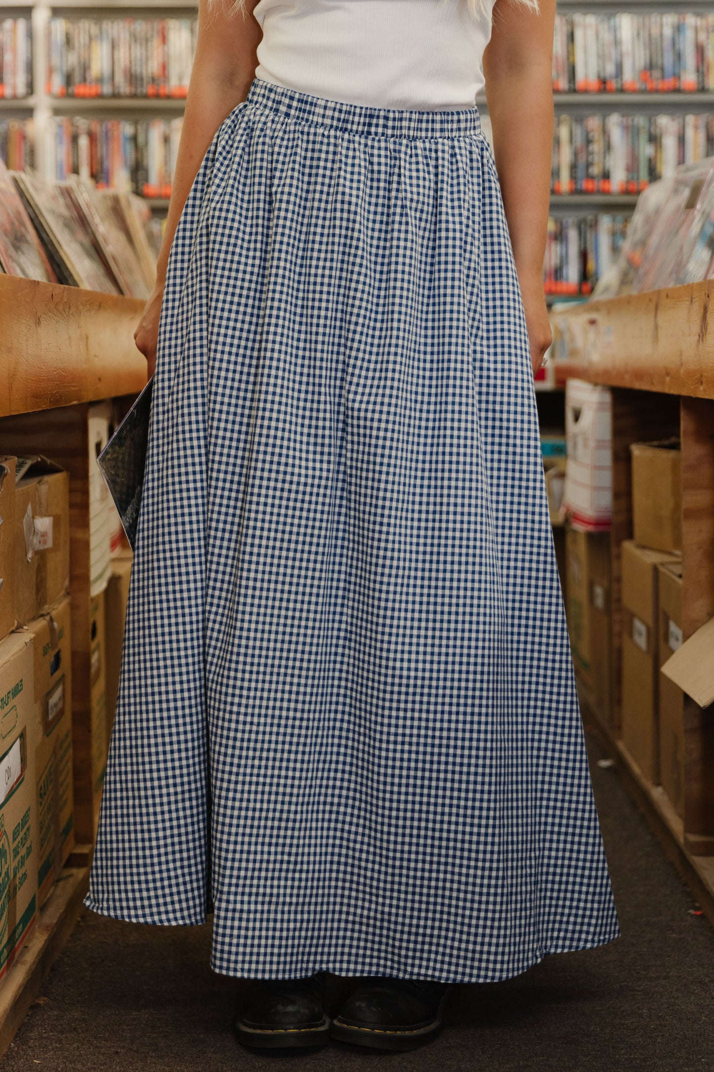 THE MAVIS GINGHAM MAXI SKIRT IN NAVY