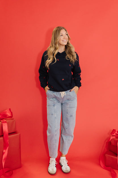 THE VERY CHERRY EMBROIDERED HOODIE IN NAVY