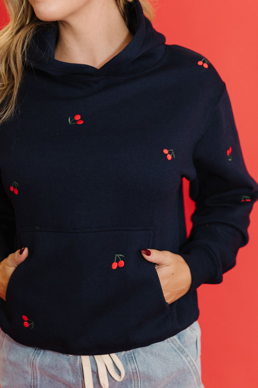 THE VERY CHERRY EMBROIDERED HOODIE IN NAVY