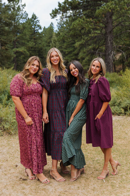 THE HARLOW BOW DRESS IN BURGUNDY CHECKERED BY PINK DESERT