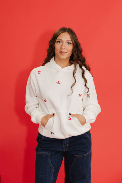 THE VERY CHERRY EMBROIDERED HOODIE IN WHITE