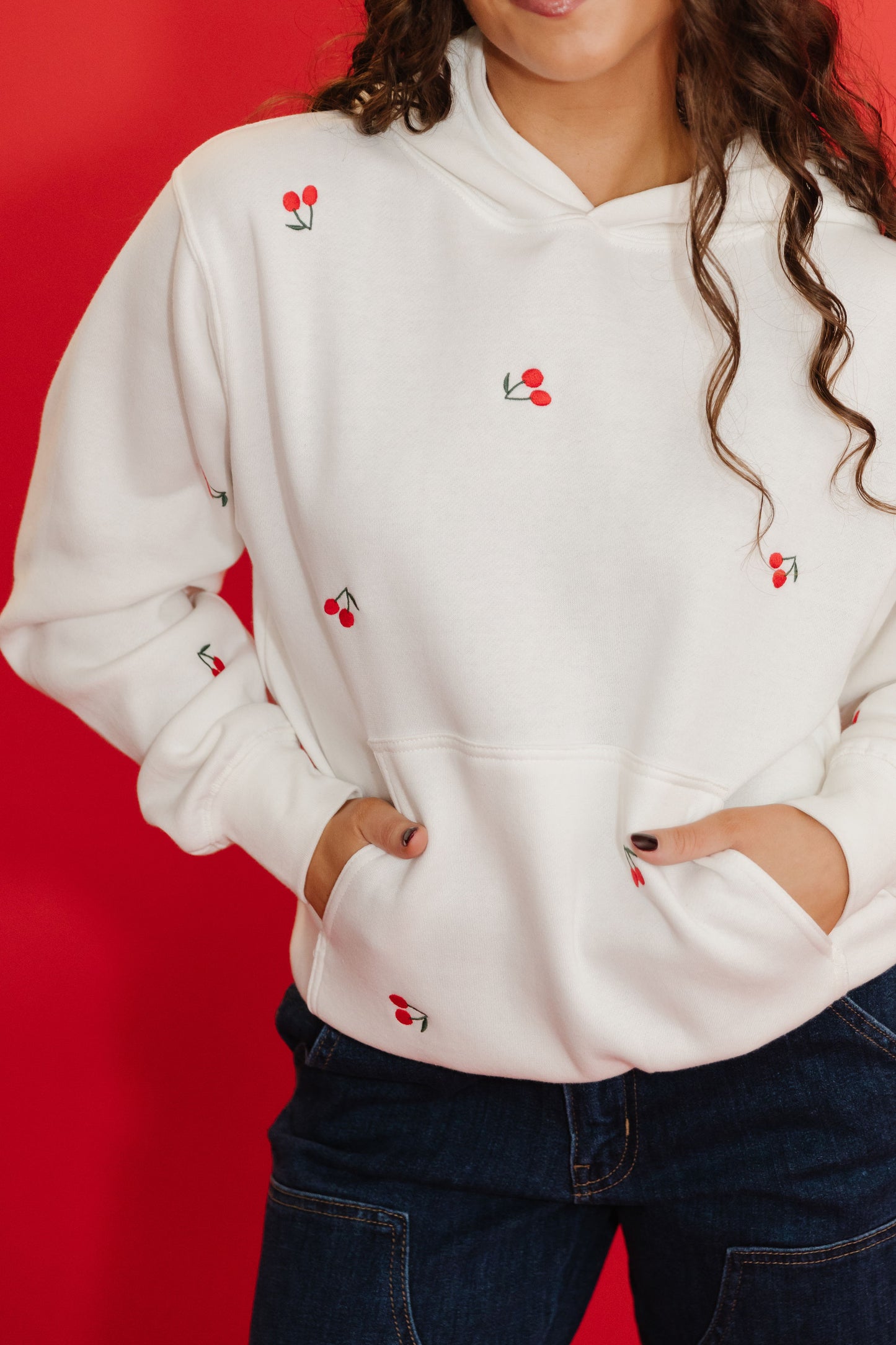THE VERY CHERRY EMBROIDERED HOODIE IN WHITE