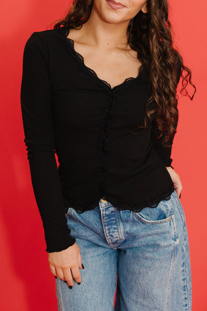 THE ALAINA LACE TRIM BUTTON DOWN IN BLACK