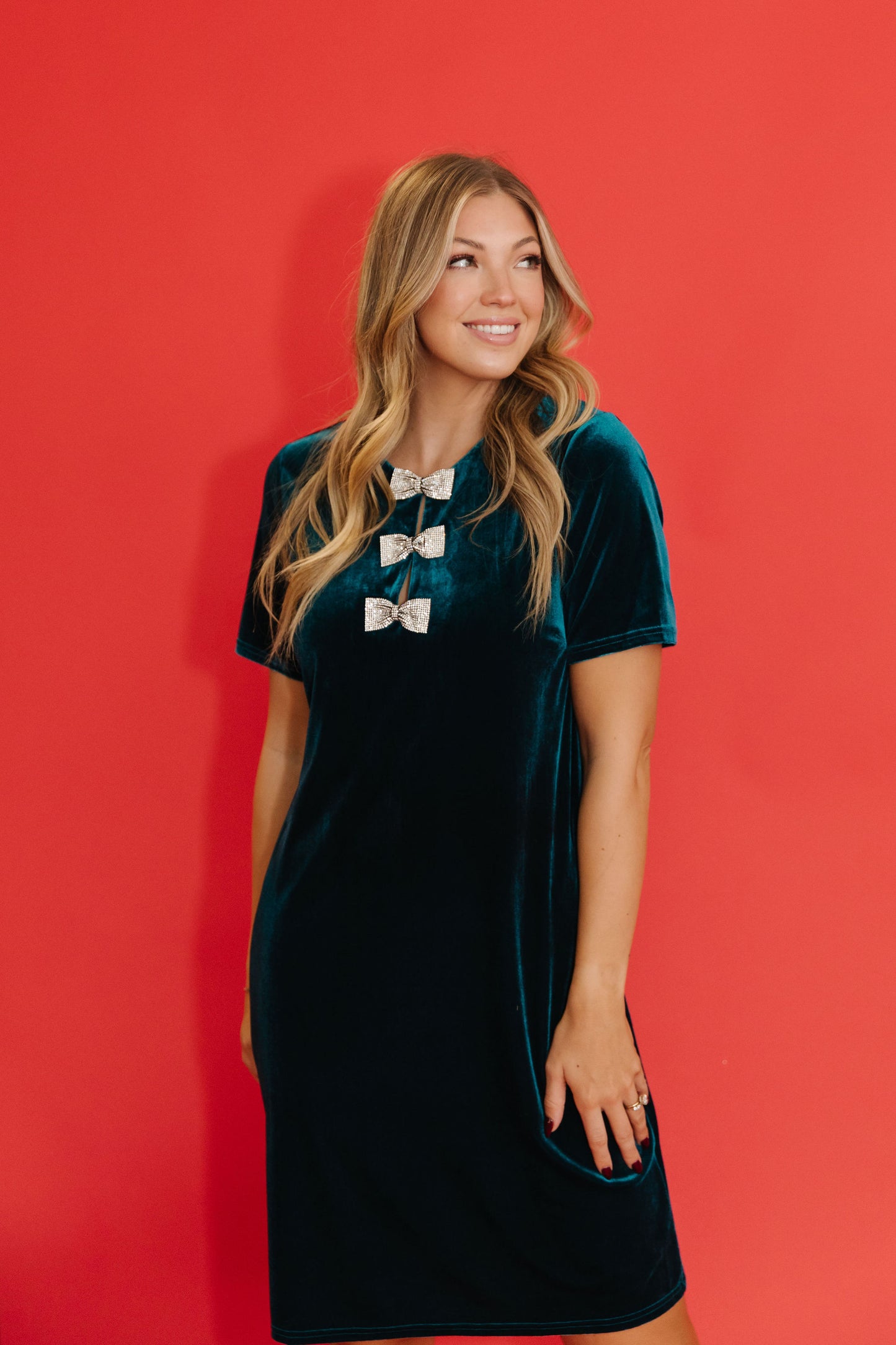 THE BELLE VELVET SHIFT DRESS IN TEAL