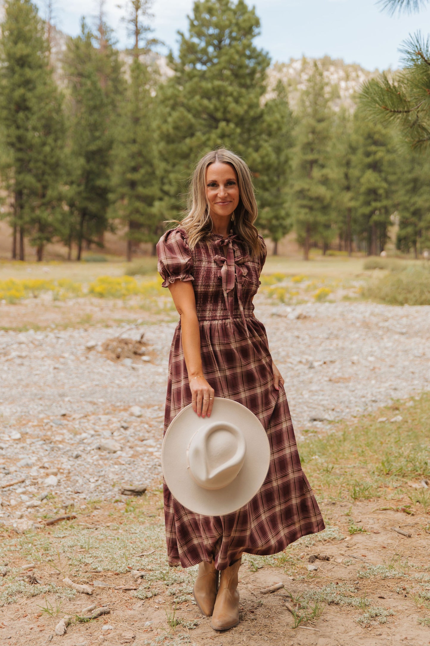 THE ANNABELLE PLAID MIDI DRESS IN BURGUNDY