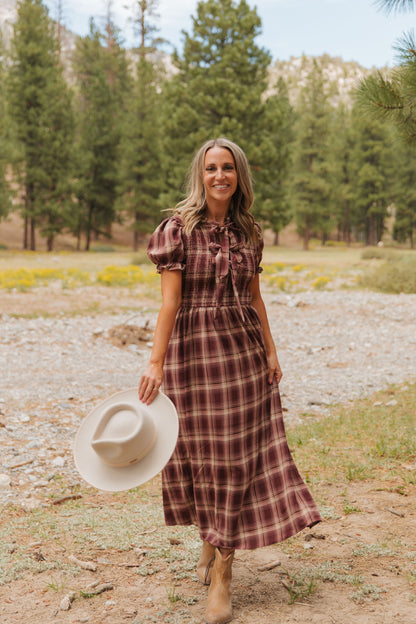 THE ANNABELLE PLAID MIDI DRESS IN BURGUNDY