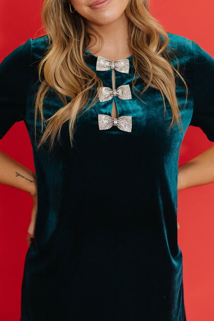 THE BELLE VELVET SHIFT DRESS IN TEAL