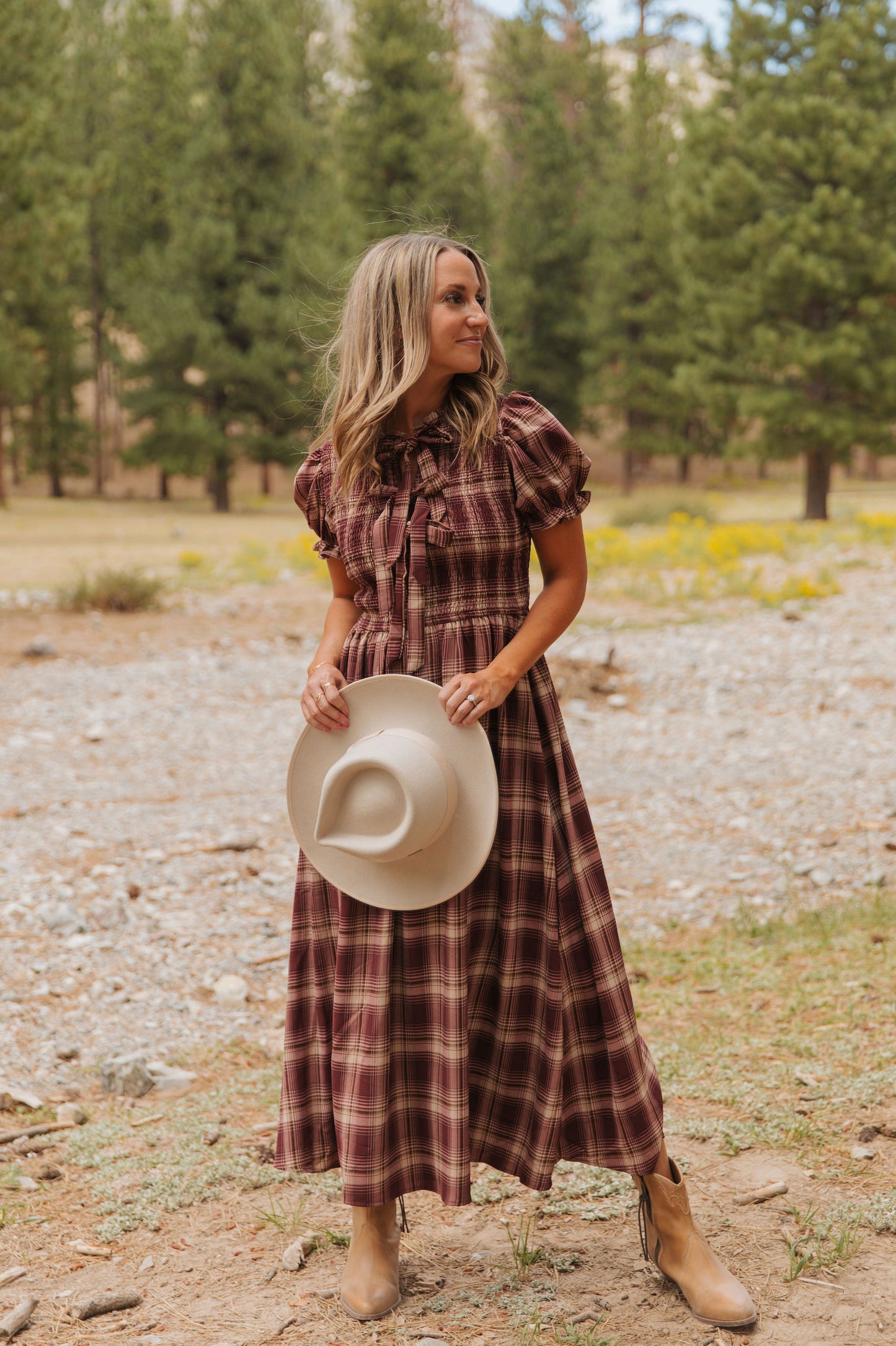 THE ANNABELLE PLAID MIDI DRESS IN BURGUNDY
