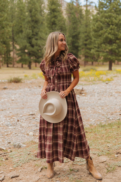 THE ANNABELLE PLAID MIDI DRESS IN BURGUNDY
