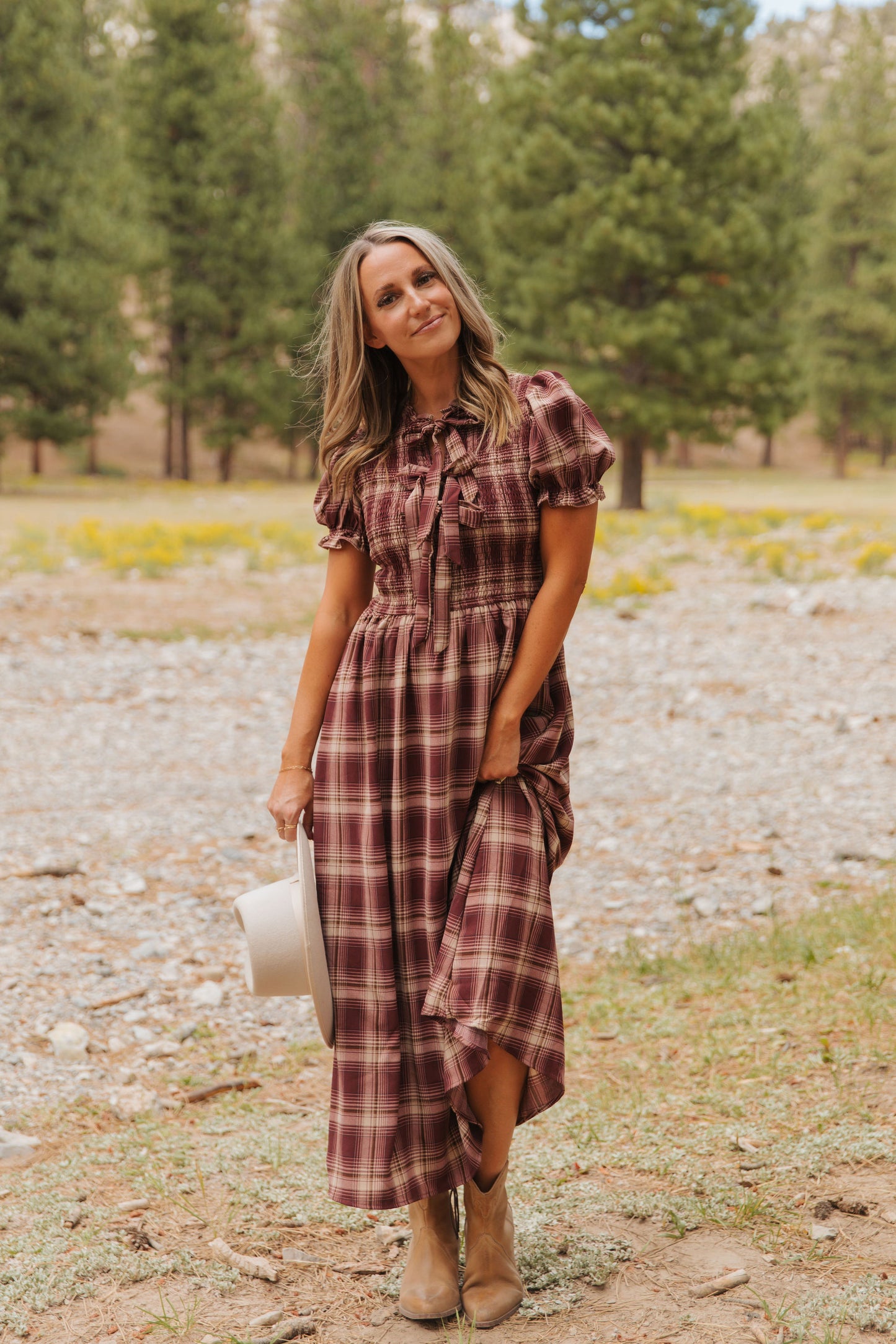 THE ANNABELLE PLAID MIDI DRESS IN BURGUNDY