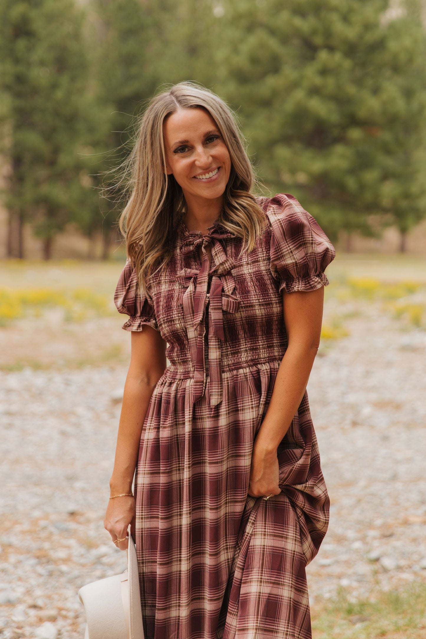THE ANNABELLE PLAID MIDI DRESS IN BURGUNDY