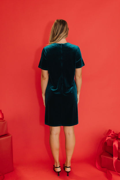 THE BELLE VELVET SHIFT DRESS IN TEAL