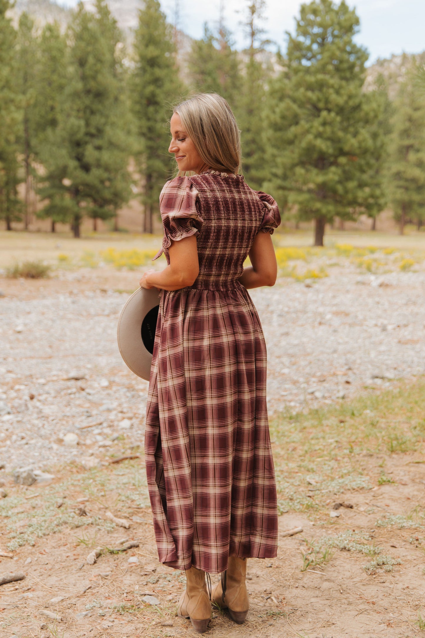 THE ANNABELLE PLAID MIDI DRESS IN BURGUNDY